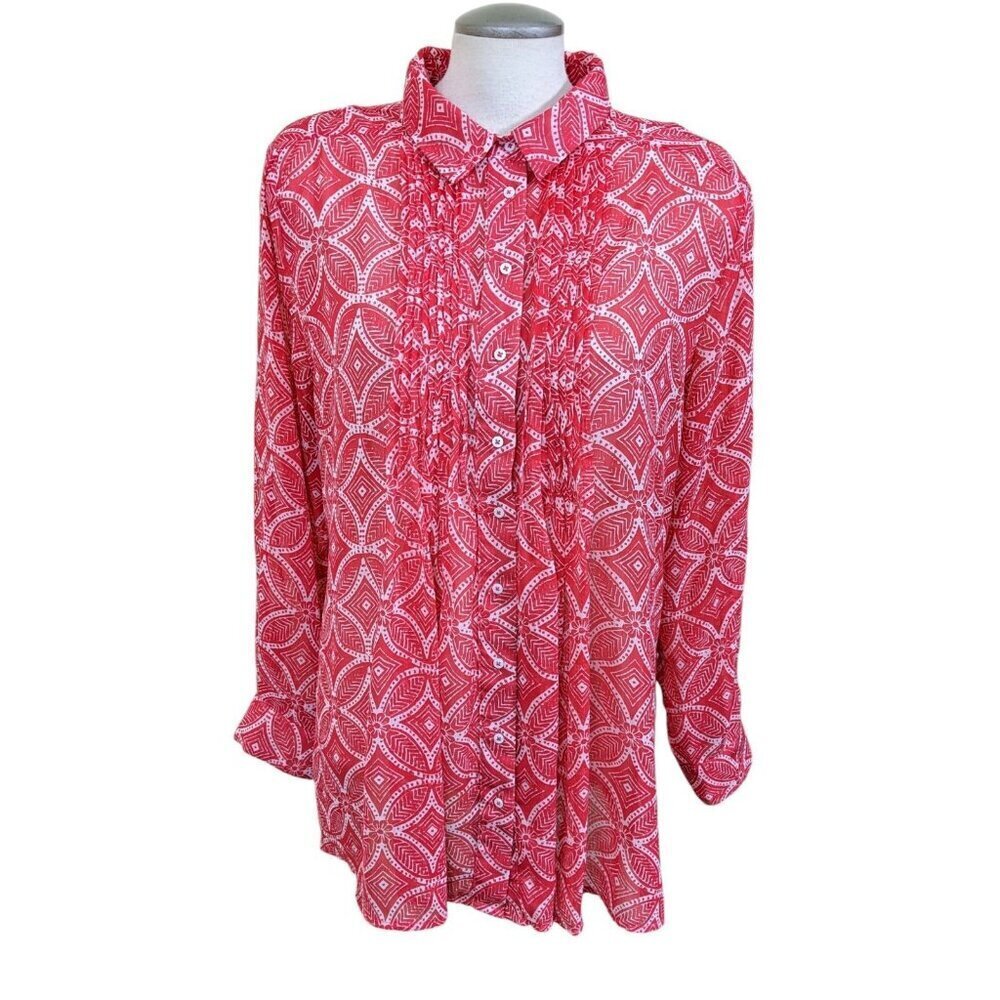 Christina B Womens Blouse XXL Chiffon Semi Sheer Geometric Floral Coral Pleated